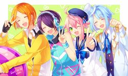  2015 4boys ;) ;3 aoi_yuta aoi_yuta_(cosplay) ball beachball blue_hair closed_eyes commentary_request cosplay costume_switch crash_course_(ensemble_stars!) ensemble_stars! green_eyes himemiya_tori himemiya_tori_(cosplay) kina_(446964) male_focus multicolored_hair multiple_boys one_eye_closed orange_hair paw_pose pink_hair purple_hair sengoku_shinobu sengoku_shinobu_(cosplay) shino_hajime shino_hajime_(cosplay) sidelocks smile streaked_hair v 