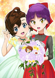  2girls absurdres ahoge animage artist_name asymmetrical_hair black_eyes blue_eyes blue_shirt blush blush_stickers bouquet bow brown_hair character_doll choker colored_sclera dress dress_bow flower gegege_no_kitarou green_choker green_dress hair_between_eyes hair_ornament hair_over_one_eye hairbow hairclip hand_on_another&#039;s_shoulder hand_up highres holding holding_bouquet inuyama_mana ishiyama_tomoyuki ittan_momen_(gegege_no_kitarou) jacket kitarou konaki_jijii looking_at_viewer magazine_scan medama_oyaji multiple_girls nekomusume nekomusume_(gegege_no_kitarou_6) nezumi_otoko nurikabe_(character) oerba_yun_fang official_art open_mouth patterned_background ponytail purple_hair red_bow red_choker red_dress red_sclera rose round_teeth scan seida_naomi shimizu_sorato shirt silver_hair smile striped_clothes striped_jacket sunakake_babaa_(gegege_no_kitarou) teeth tongue triangle_mouth white_eyes white_flower yellow_bow yellow_eyes 