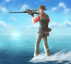  1boy aiming commentary english_commentary full_body gun hat highres kantai_collection male_focus meme ninjaham pants red_shirt red_sniper_(tf2) rifle shirt sniper_(tf2) sniper_rifle solo sunglasses team_fortress_2 vest waterskiing_(meme) weapon 