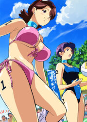  2girls audience ball beach beachball bikini blush body_writing breasts brown_eyes brown_hair choker cirima cloud clouds glasses harukaze_haruka milf multiple_girls ojamajo_doremi okamura_atsuko one-piece_swimsuit pink_bikini purple_eyes purple_hair short_hair side-tie_bikini sky sunglasses sunglasses_on_head swimsuit thighs visor_cap volvox 