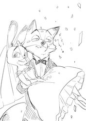  2016 anthro artrockt black_and_white black_tie_(suit) bow_(feature) bow_tie bridal_carry canid canine carrying_another clothed clothing confetti dipstick_ears disney dress duo ear_markings female fox japanese_text judy_hopps lagomorph leporid looking_at_viewer male mammal monochrome multicolored_ears nick_wilde rabbit red_fox simple_background suit text true_fox wedding wedding_dress white_background zootopia 