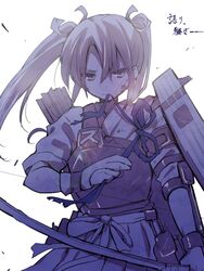  arrow_(projectile) bandage_on_face bandages bow_(weapon) commentary_request female flight_deck kantai_collection long_hair looking_at_viewer mouth_hold muneate myama skirt solo translation_request twintails tying weapon zuikaku_(kancolle) 