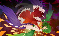  bad_id bad_pixiv_id black_pantyhose female green_hair green_wings hukasikasi kazami_yuuka kioh_gyoku multiple_wings pantyhose plaid purple_wings red_eyes seihou short_hair skirt solo torn_clothes touhou wings 