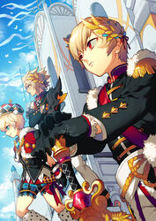  3boys black_gloves blonde_hair blue_eyes building chung_seiker closed_mouth commentary_request crossed_arms elsword elsword_(character) epaulettes from_side gloves hair_ornament hand_on_hilt male_focus multiple_boys photoshop_(medium) pika_(kai9464) planted planted_sword raven_cronwell reckless_fist_(elsword) red_eyes shorts sword weapon 