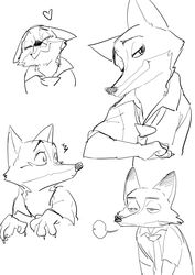  2016 anthro artrockt black_and_white breath canid canine claws disney expression_sheet fox heart_symbol male mammal monochrome necktie nick_wilde red_fox simple_background solo true_fox white_background zootopia 