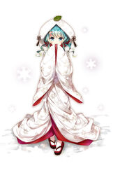  :3 aqua_eyes aqua_hair blush commentary_request female hands_in_opposite_sleeves hatsune_miku hood japanese_clothes kimono leaf linfi-muu long_hair looking_at_viewer revision sandals snowflakes solo uchikake vocaloid wataboushi white_background yuki_miku yuki_miku_(2013) 