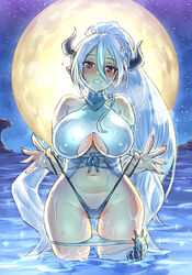  bare_shoulders bikini bikini_pull blush breasts breath bright_pupils cameltoe clothes_pull clothing_cutout commentary_request corset covered_nipples cross-laced_clothes draph female fingernails flower full_moon granblue_fantasy hair_between_eyes hair_flower hair_ornament horns huge_breasts izmir izmir_(summer)_(granblue_fantasy) long_fingernails long_hair mimonel moon navel night official_alternate_costume outdoors outstretched_hand pointy_ears ponytail red_eyes single_thighhigh smile solo strap_lift swimsuit thighhighs underboob_cutout very_long_hair wading wet white_hair wide_hips 