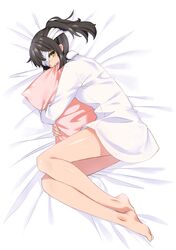  bandage_over_one_eye barefoot brown_hair commentary_request coolmid dress_shirt female full_body hugging_object long_hair looking_at_viewer lying on_side original pillow pillow_bite pillow_hug ponytail shirt solo yellow_eyes 