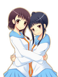  2girls bad_id bad_pixiv_id banana_(hirane1988) blue_skirt bonyari_high_school_uniform brown_eyes brown_hair collarbone dot_nose glasses hug looking_at_viewer miyamoto_ruri multiple_girls nisekoi onodera_kosaki ponytail school_uniform shirt short_hair simple_background skirt smile white_background white_shirt 