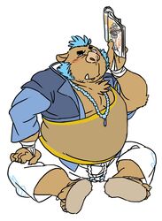  5_fingers anthro belly blue_facial_hair blue_hair blue_sideburns blush facial_hair fingers ganglie_(tas) hair hi_res jewelry lifewonders magazine male mammal mohawk necklace osansyoup sideburns simple_background solo suid suina sus_(pig) tokyo_afterschool_summoners white_background wild_boar 