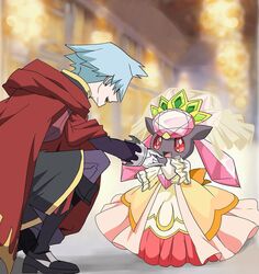  1boy blue_hair cape crown diancie dress female mayapazoo pokemon pokemon_oras smile tsuwabuki_daigo 