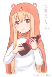  animal_hood blonde_hair blush bottle brown_eyes commentary_request doma_umaru female ha-ru himouto!_umaru-chan hood long_hair smile soda_bottle solo upper_body 