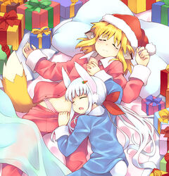  2girls 3: animal_ears apricot_(yamai) bed blanket blush bow closed_eyes commentary_request fox_ears fox_tail gift hair_ribbon hat lying lying_on_person multiple_girls navel on_back on_bed on_stomach open_mouth open_pajamas orange_hair original pajamas pajamas_pull panties pillow ponytail rabbit_ears ribbon santa_hat sleeping striped_clothes striped_panties tail underwear usa_(yamai) white_hair yamai 