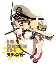  blonde_hair borrowed_character bow_(weapon) commentary_request enterprise_(pacific) female gun hair_ribbon hand_on_own_knee handgun hat high_heels inkling inkling_player_character kantai_collection leaning_forward original pacific_(kancolle) peaked_cap personification pointy_ears red_eyes revolver ribbon sailor short_hair siirakannu splatoon_(series) splatoon_1 translated uss_enterprise_(cv-6) weapon 