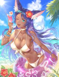  &gt;:) :3 animal_ears aqua_eyes armlet bangle beach bikini blue_sky blush bracelet breasts cloud collarbone commentary_request cowboy_shot cup dark-skinned_female dark_skin day drink drinking_glass fate/grand_order fate_(series) female floating_hair flower front-tie_bikini_top front-tie_top grass hair_flower hair_ornament hand_up hibiscus highres holding holding_cup holding_swim_ring innertube jewelry large_breasts leaf light_particles light_purple_hair long_hair looking_at_viewer makeup multicolored_hair nail_polish navel neck_ring oerba_yun_fang one_eye_closed open_mouth outdoors palm_tree pink_nails purple_hair queen_of_sheba_(fate) rainbow red_flower shiny_skin side-tie_bikini_bottom sidelocks sky smile solo stomach sun sunlight swept_bangs swim_ring swimsuit tree two-tone_hair ubi_(ekdus6080) v-shaped_eyebrows water water_drop white_bikini 