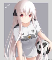  2018_fifa_world_cup ball black_ribbon breasts character_name closed_mouth commentary_request cowboy_shot female germany girls&#039;_frontline hair_between_eyes hair_ribbon highres holding holding_ball kar98k_(girls&#039;_frontline) keenh leaning_forward long_hair looking_at_viewer no_pants red_eyes ribbon shirt signature smile soccer soccer_ball soccer_uniform solo sportswear telstar_18 two-tone_background very_long_hair white_hair white_shirt world_cup 