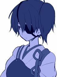  closed_mouth commentary expressionless eyepatch female japanese_clothes kaga_(kancolle) kantai_collection long_bangs looking_away medium_hair monochrome muneate myama one_eye_covered side_ponytail simple_background solo upper_body v-neck white_background 