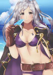  belt bikini blue_sky brown_eyes brown_gloves closed_mouth cloud commentary day english_commentary female fire_emblem fire_emblem_awakening fire_emblem_heroes food gloves highres jewelry long_hair maji_(majibomber) necklace official_alternate_costume outdoors popsicle robin_(female)_(fire_emblem) robin_(female)_(summer)_(fire_emblem) robin_(fire_emblem) sky smile solo swimsuit twintails water white_hair 