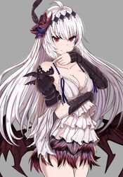  &gt;:) ahoge armor bare_shoulders bat_wings black_gloves breast_hold breasts cleavage commentary_request dark_jeanne dress elbow_gloves female frilled_dress frills gauntlets gloves granblue_fantasy hair_ornament hairband highres jeanne_d&#039;arc_(granblue_fantasy) koenza_botoke large_breasts long_hair looking_at_viewer low_wings pauldrons red_eyes short_dress shoulder_armor simple_background single_gauntlet single_glove single_pauldron smile solo v-shaped_eyebrows white_dress white_hair wings 