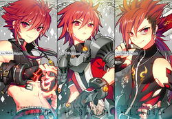  3boys armor artist_name black_gloves black_hair black_shirt character_name closed_mouth commentary_request copyright_name crop_top elsword elsword_(character) fingerless_gloves frown gloves hair_between_eyes hand_up holding holding_sword holding_weapon infinity_sword_(elsword) long_hair lord_knight_(elsword) midriff multicolored_hair multiple_boys multiple_persona photoshop_(medium) pika_(kai9464) red_eyes red_hair red_shirt rune_slayer_(elsword) runes shirt short_hair shoulder_armor sleeveless sleeveless_shirt smile sword upper_body weapon 