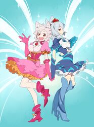  2girls 58.2kg animal_ears blue_gloves blush breasts closed_mouth commentary_request cookie_(touhou) dog_ears elbow_gloves gloves grey_hair hand_grab hat high_heels highres inu_(cookie) inubashiri_momiji large_breasts looking_at_viewer multiple_girls open_mouth pink_gloves red_eyes red_hat short_hair smile tokin_hat touhou web_(cookie) white_hair 