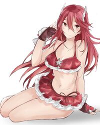  aiueo1234853 bad_id bad_twitter_id bare_shoulders bikini blush collarbone cordelia_(fire_emblem) cordelia_(summer)_(fire_emblem) female fire_emblem fire_emblem_awakening fire_emblem_heroes gloves hair_ornament long_hair lying navel red_bikini red_eyes red_hair seashell shell shy simple_background solo starfish swimsuit thighs white_background 