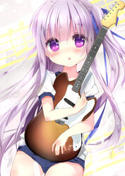  :o beamed_eighth_notes blue_buruma blue_ribbon blush buruma commentary electric_guitar feathers female gotou_jun guitar gym_shirt gym_uniform hair_ribbon head_tilt highres holding hug hugging_object instrument kouda_suzu long_hair musical_note one_side_up parted_lips purple_eyes purple_hair quarter_note ribbon shirt short_sleeves solo staff_(music) tenshi_no_3p! very_long_hair white_shirt 