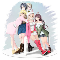  5girls :3 ahoge ankle_boots bad_id bad_pixiv_id black_eyes black_hair blonde_hair blue_eyes boots brown_hair candy coat commentary_request dress food green_eyes grey_hair hayami_kanade highres hitofudegaki_usagi ichinose_shiki idolmaster idolmaster_cinderella_girls jougasaki_mika knee_boots lipps_(idolmaster) lollipop long_hair looking_at_another looking_at_viewer miyamoto_frederica multiple_girls off-shoulder_sweater off_shoulder one_eye_closed pink_coat pink_hair red_footwear ribbed_sweater shiomi_syuko short_hair sweater thigh_boots thighhighs white_dress white_sweater yellow_eyes 