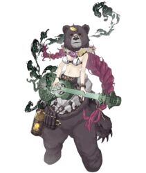  animal_costume asymmetrical_hair bear_costume bear_mask belt bracelet braid breasts canister claws dorothy_(sinoalice) female flower flower_necklace full_body fur glasses guitar hair_ornament hairclip hidden_face instrument jewelry ji_no large_breasts mask messy_hair midriff music navel necklace official_art over-rim_eyewear partially_undressed playing_instrument purple_hair semi-rimless_eyewear sinoalice smoke solo transparent_background twin_braids 