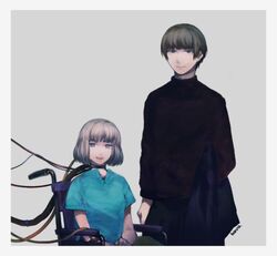  1boy arm_at_side bad_id bad_pixiv_id black_shirt blue_eyes bob_cut border breasts cable carrying carrying_under_arm closed_mouth cousins female grey_background grey_hair harunathunder_(neruneruzzz) jacket medical_scrubs narasaka_touru nasu_rei own_hands_together shirt short_hair simple_background small_breasts smile sweater unworn_jacket upper_body wheelchair white_border world_trigger 