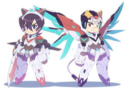  2boys :&lt; aka-jishi animal_ears black_eyes black_hair cable cable_tail chibi clenched_hand clenched_hands closed_mouth commentary_request fake_animal_ears fake_tail full_body helmet keith_(voltron) kuro-jishi_(golion) lion_ears looking_at_viewer male_focus mecha_danshi mechanical_tail mechanical_wings miyata_(lhr) mullet multicolored_hair multiple_boys purple_eyes shadow simple_background sword tail takashi_shirogane two-tone_hair v-shaped_eyebrows voltron:_legendary_defender voltron_(series) weapon white_background white_hair wings 