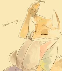  2016 anthro artrockt brown_background canid canine carrot carrot_pen closed_eyes clothed clothing dialogue dipstick_ears disney duo ear_markings english_text female food fox hug judy_hopps lagomorph leporid male mammal multicolored_ears nick_wilde pen plant rabbit red_fox simple_background text true_fox vegetable zootopia 