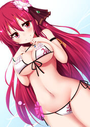  bikini blush breasts cattleya_(flower_knight_girl) choker cleavage close-up commentary_request dutch_angle female flower flower_knight_girl frilled_bikini frills front-tie_top hair_flower hair_ornament highres large_breasts long_hair looking_at_viewer minato_yoshihiro navel print_bikini red_eyes red_hair side-tie_bikini_bottom smile solo standing swimsuit very_long_hair 