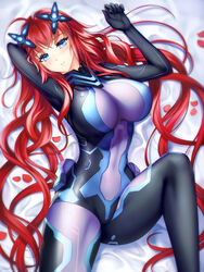  ahoge blue_eyes blush bodysuit breasts commentary commission cosplay english_commentary female gigamessy high_school_dxd large_breasts long_hair lying neptune_(series) next_purple next_purple_(cosplay) on_back petals purple_heart_(neptunia) red_hair rias_gremory shin_jigen_game_neptune_vii smile solo very_long_hair 