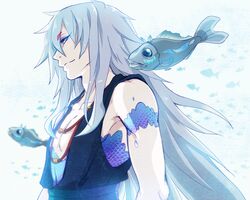  1boy blue_eyes commentary_request fish grey_hair hair_between_eyes long_hair maeba_izumi male_focus nagi_no_asukara scales simple_background sleeveless toned toned_male upper_body uroko_(nagi_no_asukara) white_background 