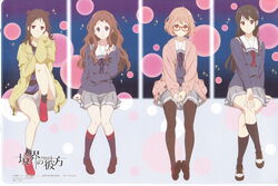  4girls black_hair black_legwear brown_eyes brown_hair crossed_legs double_bun glasses hair_bun highres inami_sakura kneehighs kuriyama_mirai kyoukai_no_kanata long_hair looking_at_viewer multiple_girls nase_mitsuki official_art own_hands_together pantyhose pleated_skirt school_uniform serafuku shindou_ai short_hair skirt socks sweater 