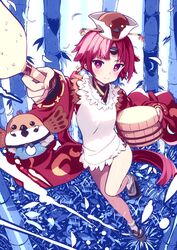  animal apron bamboo bare_legs benienma_(fate) bird black_footwear black_horns blush bucket commentary_request fate/grand_order fate_(series) feathers female hat highres holding holding_bucket horns japanese_clothes kimono long_hair long_sleeves looking_at_viewer low_ponytail parted_bangs ponytail red_eyes red_hair red_kimono sandals single_horn smile solo standing standing_on_one_leg tranquillianusmajor white_apron wide_sleeves wings 