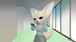  16:9 3d_(artwork) aggretsuko anthro black_eyes bottomwear canid canine cellphone chromakoros clothed clothing digital_media_(artwork) electronics fennec_fox fenneko fox fur hi_res mammal office pencil_skirt phone sanrio skirt solo true_fox widescreen yellow_body yellow_fur 