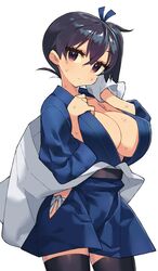  black_thighhighs blue_skirt blush breasts brown_eyes brown_hair cleavage closed_mouth commentary_request female hair_between_eyes hakama hakama_short_skirt hakama_skirt highres hip_vent holding itsumo_nokoru japanese_clothes kaga_(kancolle) kantai_collection large_breasts long_hair looking_at_viewer panties ribbon side-tie_panties side_ponytail simple_background skirt solo standing sweat thighhighs towel underwear white_background 