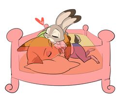  2016 anthro artrockt bed canid canine closed_eyes clothed clothing dipstick_ears disney duo ear_markings female fox fur furniture gloves_(marking) heart_symbol hug internal judy_hopps kissing lagomorph leg_markings leporid lying male male/female mammal markings multicolored_ears nick_wilde pillow rabbit red_fox simple_background socks_(marking) translucent true_fox white_background zootopia 