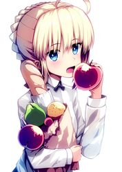  absurdres ahoge apple artoria_pendragon_(fate) bag baguette black_neckwear blonde_hair blue_eyes blush braid bread breasts commentary_request fate/stay_night fate_(series) female food fruit highres holding holding_bag holding_food holding_fruit long_sleeves looking_at_viewer open_mouth peach red_apple ribbon saber_(fate) shirt short_hair simple_background small_breasts solo tranquillianusmajor upper_body white_background white_shirt 