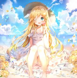  b_rock bad_id bad_pixiv_id barefoot beach blonde_hair blue_eyes blush collarbone day female flower hat long_hair looking_at_viewer one_eye_closed open_mouth original outdoors sitting smile solo water_drop 