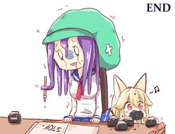  2girls :3 animal_ears bad_id bad_pixiv_id blonde_hair blue_sailor_collar blue_skirt chair dirty dirty_face drooling emaciated empty_eyes english_text green_hat greenteaneko hat highres ink_bottle multiple_girls musical_note necktie nib_pen_(object) original paper pen photoshop_(medium) pleated_skirt prehensile_hair purple_hair red_eyes red_necktie sailor_collar school_uniform serafuku skirt table tentacle_hair the_end_(phrase) trembling turn_pale white_background 