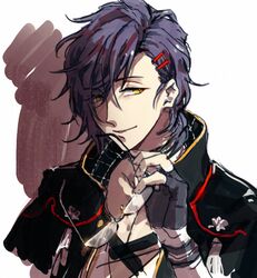  akashi_kuniyuki black_gloves eyewear_removed fingerless_gloves glasses gloves green_eyes hair_ornament holding holding_eyewear male_focus purple_hair simple_background sinsora solo touken_ranbu upper_body white_background 