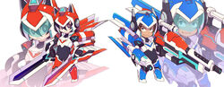  2boys aka-jishi ao-jishi black_eyes black_hair blue_eyes boots bright_pupils brown_hair chibi closed_mouth commentary_request dark-skinned_male dark_skin dual_wielding english_text full_body helmet holding keith_(voltron) lance_(voltron) looking_at_viewer male_focus mecha_danshi miyata_(lhr) multiple_boys red_hair simple_background smile sword visor voltron:_legendary_defender voltron_(series) weapon white_background zoom_layer 