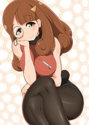  :3 aoki_hagane_no_arpeggio black_pantyhose black_skirt blunt_bangs blush breasts brown_hair chains closed_mouth commentary_request crossed_legs curly_hair dutch_angle emblem eyewear_strap feet_out_of_frame female fur-trimmed_shirt fur_trim hair_ornament hairpin halterneck hand_on_own_cheek hand_on_own_face head_rest highres honeycomb_(pattern) honeycomb_background hyuuga_(aoki_hagane_no_arpeggio) impossible_clothes impossible_shirt invisible_chair lanyard large_breasts long_hair looking_at_viewer miniskirt monocle pantyhose parted_bangs pencil_skirt ponponmaru red_shirt shirt sitting skirt sleeveless sleeveless_shirt smile solo test_tube thighs turtleneck white_background yellow_eyes 