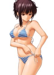  absurdres adjusting_clothes adjusting_swimsuit bikini bikini_no_housoku black_hair breasts brown_eyes cleavage cowboy_shot diagonal_stripes female highres homunculus_(alchemynote) large_breasts navel o-ring o-ring_bikini o-ring_top shinonome_shizuka short_ponytail side-tie_bikini_bottom simple_background solo string_bikini striped_bikini striped_clothes sweat swimsuit tying white_background 