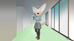  16:9 3d_(artwork) aggretsuko anthro black_eyes bottomwear canid canine cellphone chromakoros clothed clothing digital_media_(artwork) electronics fennec_fox fenneko fox fur hi_res mammal office pencil_skirt phone sanrio skirt solo true_fox widescreen yellow_body yellow_fur 