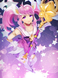  ahoge alternate_costume armlet choker commentary_request dakun female from_above gloves hair_ornament hand_on_own_hip highres league_of_legends lux_(league_of_legends) magical_girl over-kneehighs photoshop_(medium) pink_hair purple_choker purple_eyes sailor_collar sidelocks skirt smile solo star_(symbol) star_guardian_(league_of_legends) star_guardian_lux thighhighs tiara twintails wand white_gloves white_thighhighs 