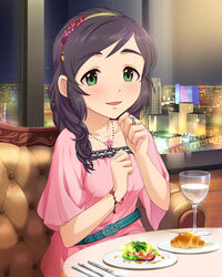  artist_request asymmetrical_hair black_hair croissant cup drinking_glass female flower food green_eyes hair_ornament idolmaster idolmaster_cinderella_girls indoors jewelry long_hair necklace night official_art plate ring solo wine_glass yao_fueifuei 